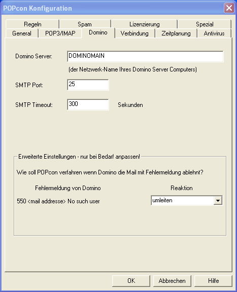 POPcon SMTP/Domino connection configuration