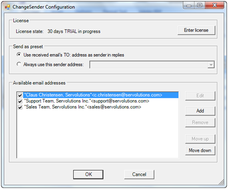 ChangeSender properties dialog ChangeSender properties dialog
