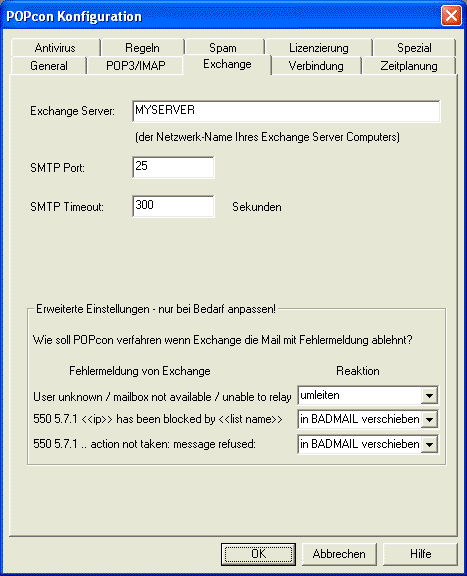 POPcon SMTP/Exchange connection configuration