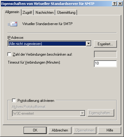 • Mit Rechtsklick auf den "Virtuellen Standardserver für SMTP" können Sie die Eigenschaften öffnen. • Mit Rechtsklick auf den "Virtuellen Standardserver für SMTP" können Sie die Eigenschaften öffnen.
