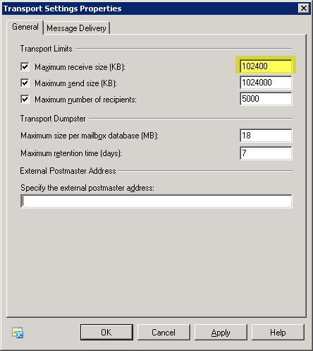 Exchange 2007/2010 Transport Settings - click for full size Exchange 2007/2010 Transport Settings