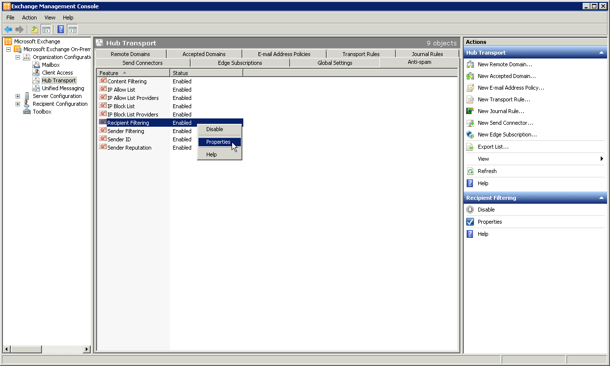 Exchange 2010 Organization Configuration, Antispam - click for larger image Exchange 2010 Organization Configuration, Antispam - click for larger image