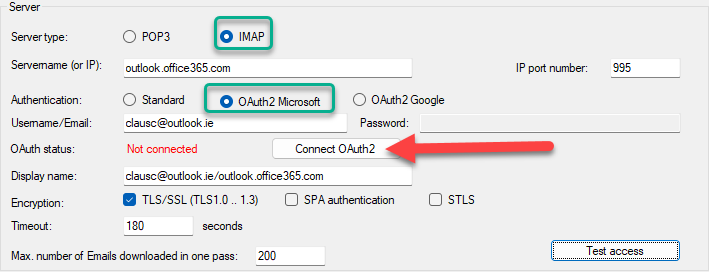 Note: The IP port number for Microsoft IMAP with OAuth is 993, as shown below. Note: The IP port number for Microsoft IMAP with OAuth is 993, as shown below.