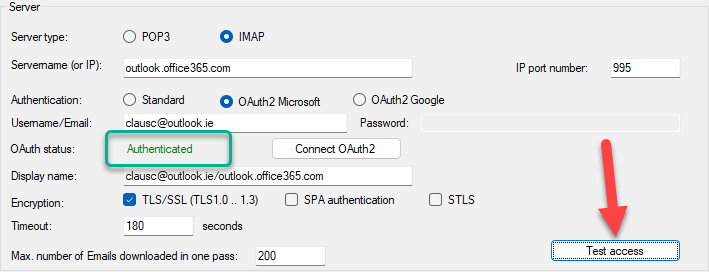 After authentication, the status in POPcon will show as Authenticated. You can now test the email account connection by clicking on the Test access button to ensure that everything is configured correctly. After authentication, the status in POPcon will show as Authenticated. You can now test the email account connection by clicking on the Test access button to ensure that everything is configured correctly.