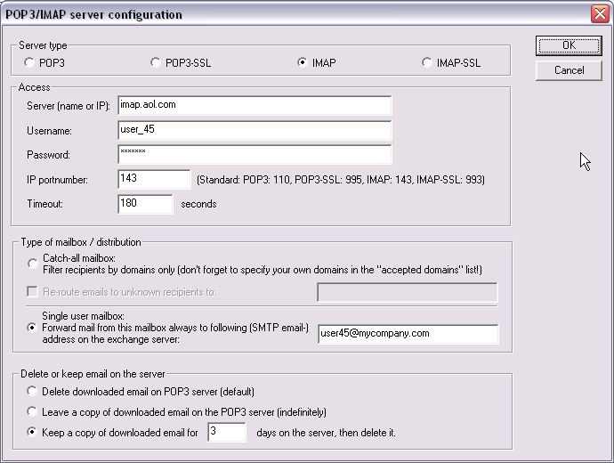 POPcon POP3 configuration for AOL - click for full size POPcon POP3 configuration for AOL