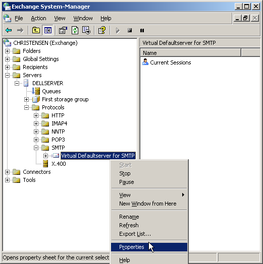 • Die Einstellungen für den SMTP-Server finden Sie unter Server/Protokolle/SMTP/Standard-SMTP-Server. Öffnen Sie die Eigenschaften per Rechtsklick auf den Standard-SMTP-Server und Auswahl von „Eigenschaften“. • Die Einstellungen für den SMTP-Server finden Sie unter Server/Protokolle/SMTP/Standard-SMTP-Server. Öffnen Sie die Eigenschaften per Rechtsklick auf den Standard-SMTP-Server und Auswahl von „Eigenschaften“.