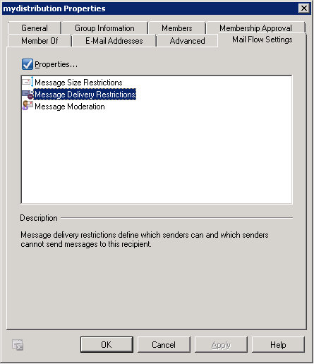 Nachrichtenflusseinstellungen der Verteilergruppe in Exchange 2010 — zum Vergrößern anklicken Nachrichtenflusseinstellungen der Verteilergruppe in Exchange 2010