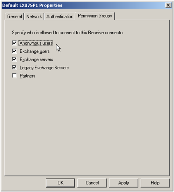 Exchange 2007 Receive Connector Permission Groups - click for full size Exchange 2007 Receive Connector Permission Groups
