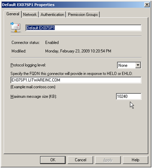 Exchange 2007/2010 receive connector properties - click for full size Exchange 2007/2010 receive connector properties