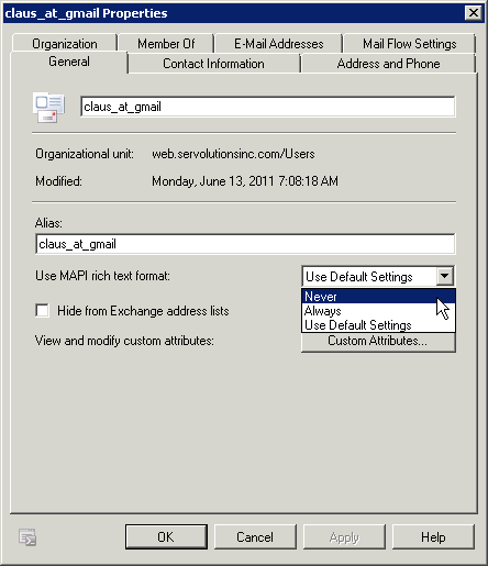 Change option Use MAPI rich text format to NEVER. Change option Use MAPI rich text format to NEVER.