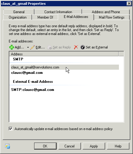 And check the local address (in my case it's the @servolutions.com address on the E-Mail addresses tab. You can add your own local address there if it wasn't created automaitcally. And check the local address (in my case it's the @servolutions.com address on the E-Mail addresses tab. You can add your own local address there if it wasn't created automaitcally.
