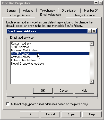 Go to the E-mail Addresses tab and chose "New", then select "SMTP Address" Go to the E-mail Addresses tab and chose "New", then select "SMTP Address"