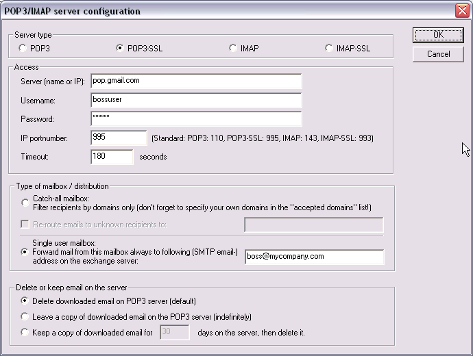 POPcon POP3 configuration for Gmail - click for full size POPcon POP3 configuration for Gmail