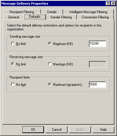 Message size limit on the Exchange Message Delivery Properties Message size limit on the Exchange Message Delivery Properties