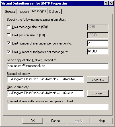 Message size limit on the Exchange Properties of the Virtual Defaultserver for SMTP Message size limit on the Exchange Properties of the Virtual Defaultserver for SMTP