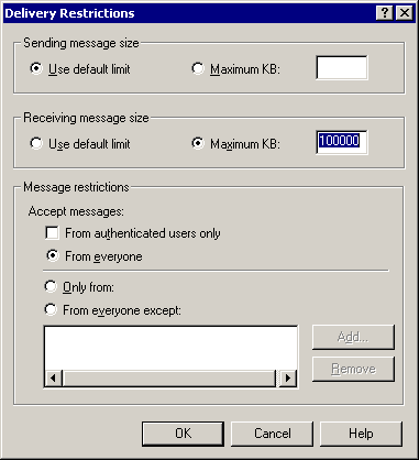 Message size limit on the Active Directory user delivery restrictions Message size limit on the Active Directory user delivery restrictions