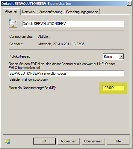 Exchange 2007 Empfangsconnector Eigenschaften